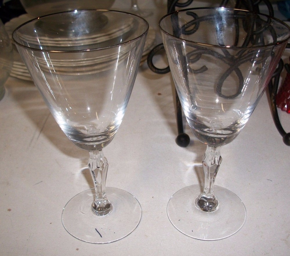 Set of 2 Crystal Fostoria water Goblets Glasses Engagement rimmed Platinum
