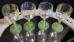 4 Vintage Iridescent Optic Rib Green Stem Sherry Aperitif Cordial Glasses Set
