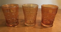 3 Vintage Antique Fenton Tumblers Golden Carnival Glass Water Lilly & Cattails