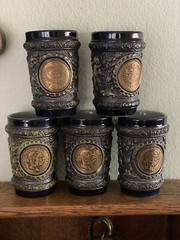 Set of 5 Maria Theresia Tumblers With Raised Cherubs/ Metal Coins