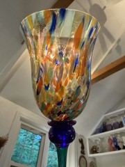 Pair Bohemian Czech Art Glass Spatter Confetti Wine Goblets 8.75” Cobalt Stem