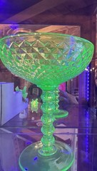 Large Vintage Uranium Glass Diamond Point Pedestal Dish 8” Strong Green Glow