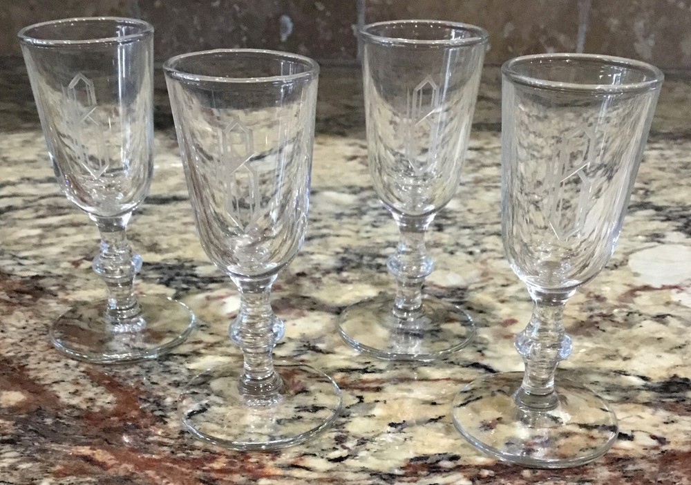 FOUR(4) CRYSTAL CORDIALS ETCHED B MONOGRAM 3 1/2”T Look Unused