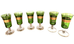 Set of 6 Cordial Glasses-Emerald Green w Gold Grape Pattern-Italy-Vtg 1960s