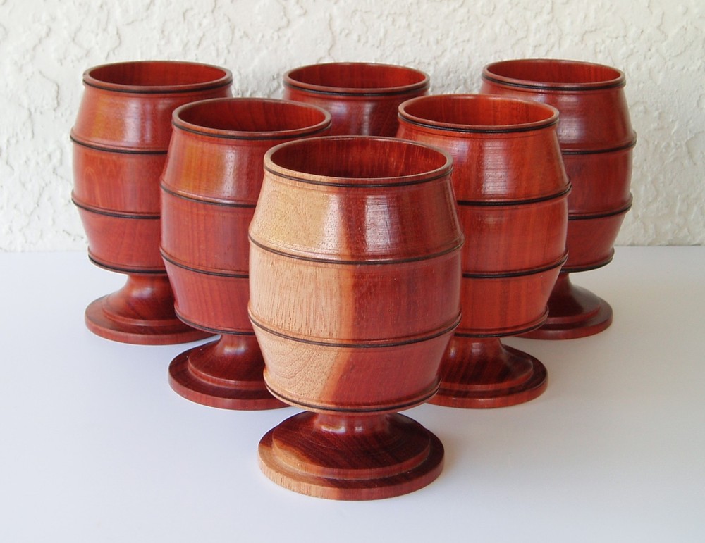 Vintage Wood Goblets Hand-turned Barrel Design 5-inch tall Set of 6