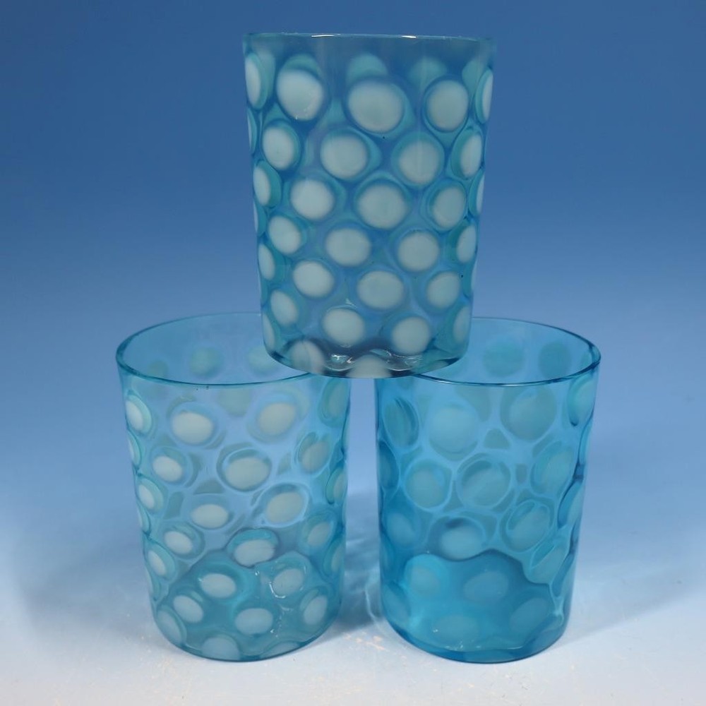 Fenton Art Glass – Opalescent Blue Coin Dot – 3 Tumbler Glasses – 3 5/8 inches