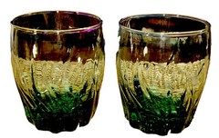 VINTAGE ANCHOR HOCKING Central Park Starfire Old Fashioned Green Glass Set Of 2