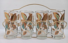 Eight Libbey American Elm Pattern 22k Gold Glasses in Carrier MCM