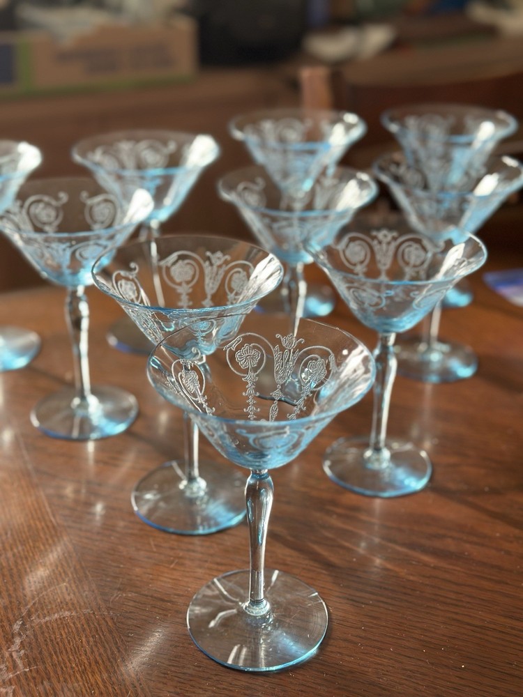 Vintage Fostoria Vernon Azure Blue 6 oz Champagne Tall Sherbet 6″ Lot Of 10 READ