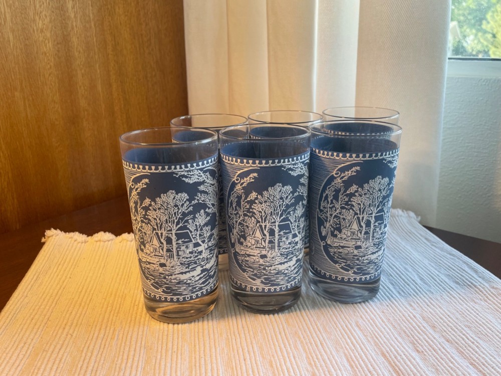 Vintage Currier & Ives Blue 12 Oz Royal Tumbler Old Grist Mill Glass – Set of 6