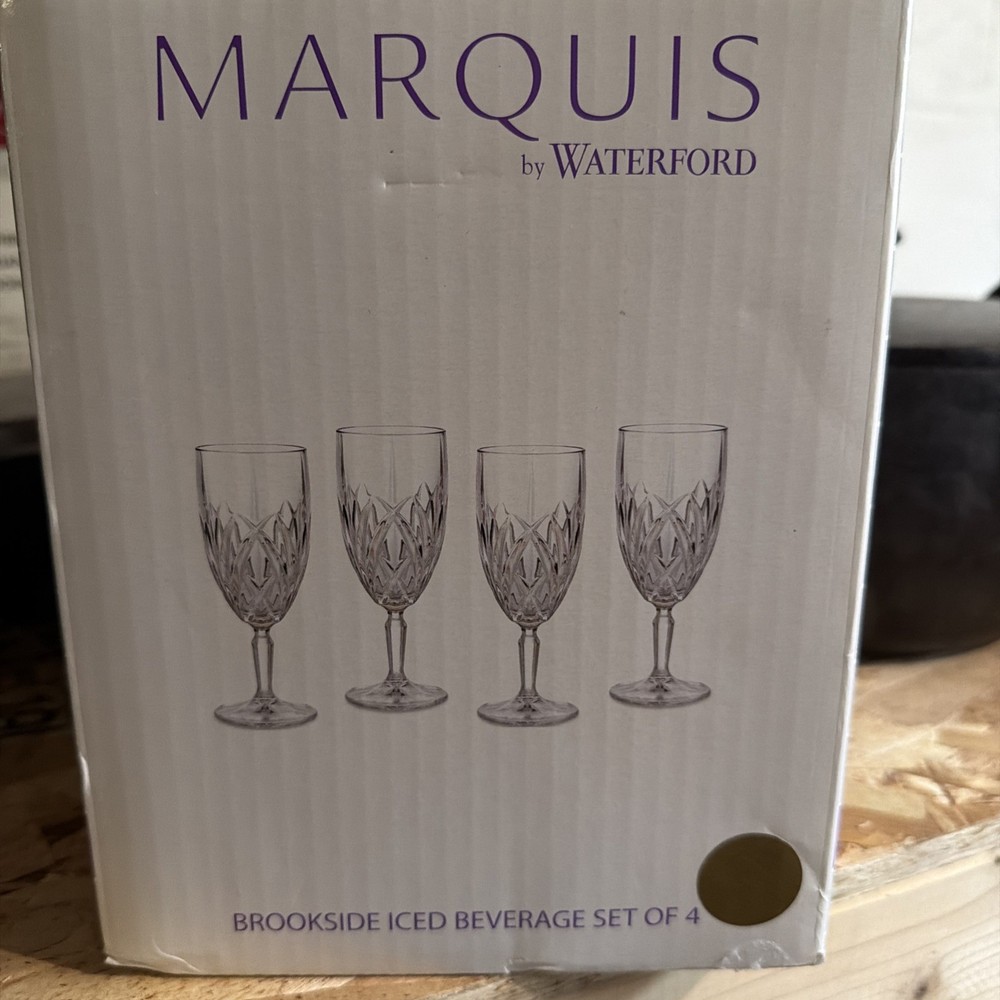 NEW MARQUIS BY WATERFORD 4 PC CRYSTAL BROOKSIDE ICE BEVERAGE GLASSES,GOBLET+BOX