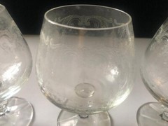 4 Vtg Bohemian Crystal Cascade Snifters Brandy Etched Swag Knob Stem Panel Base