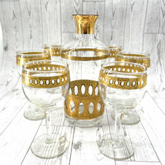 Culver Carafe Wine Glasses Set 22k Gold Crackle Vintage Glass