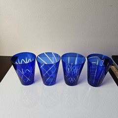4 Cobalt Blue Cut To Clear Glasses Tumblers All Different Cut Patterns 4.75″