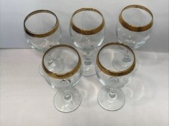 Vintage 1960-1970 Stemmed And Gold-Rimmed Wine Glasses Set Of 5 Glasses PO