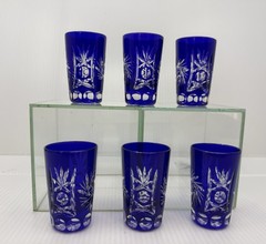 Vintage Bohemian Cobalt Blue Cut to Clear Crystal Cordial Glasses Set of 6 2.5”
