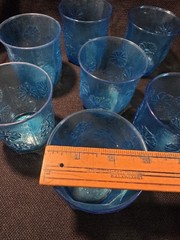 Vintage Anchor Hocking Spring Song Daisy Blue Juice Glass Set/2 Mid Century USA