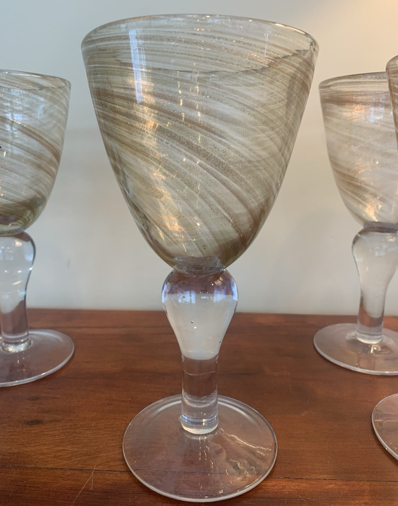 4 Hand Blown Art Glass Goblets Water or Wine -Copper Shimmer Swirl 10 oz EUC!