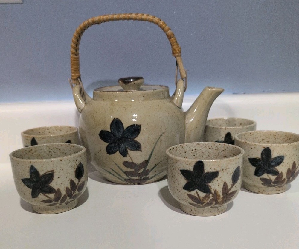Japanese Asahi Tea Pot and 5 Cups Brown Stoneware w/ Painted Blue Flower Design