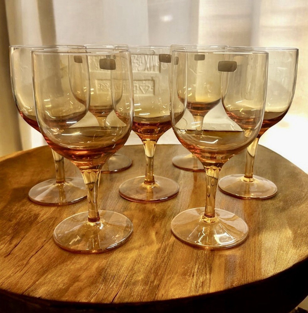 Wine Glass MCM Amber Set Of 7 Japan Made Elegant Shabby Chic Farmhouse Country