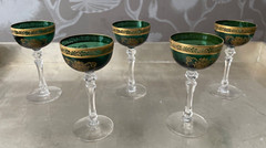 Set of 5 Tiffin Franciscan Melrose Green Gold Encrusted 5 1/2″ Cordial Glasses