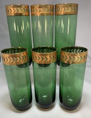 6-VTG MCM EMERALD GREEN TOM COLLINS GLASSES W GOLD LEAF RIM DESIGN