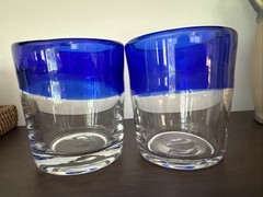 2 Mexican Hand Blown Cobalt Blue Rim Glass Tumbler Rough Pontil Bubble Low Ball
