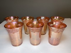 7 Iridescent Carnival Drinking Glass Tumbler Fruit Motif 4 1/4″ Amber Marigold