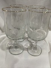 Libbey Arbys Winter White Frosted Pine Trees 4 Wine Goblets w/ Gold Trim 10 oz