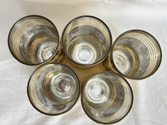 1960s Set Of 5 Gilt Gold Glass Cup Tumblers With Silver Roses, Clear Stripes MCM