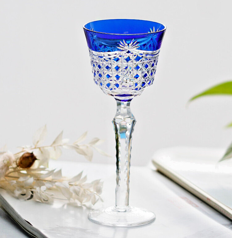 2024 Edo Kiriko Blue Bohemia Style Wine Goblet Glass Hand Cut Stemware Gift Pack