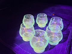 set of 6 blue tinted cordial glasses with etched wheat pattern
