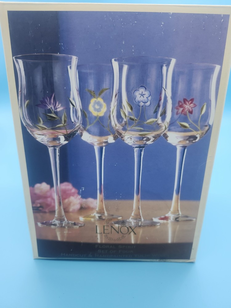 Lenox Floral Spirit Set of 4 Handcut Handpainted Tulip Wine Glasses