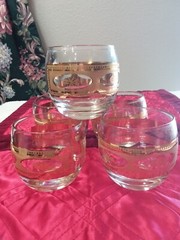 Culver Roly Poly Glasses Barware 22 Kt. Gold Daisies Set of 5 Vintage Floral