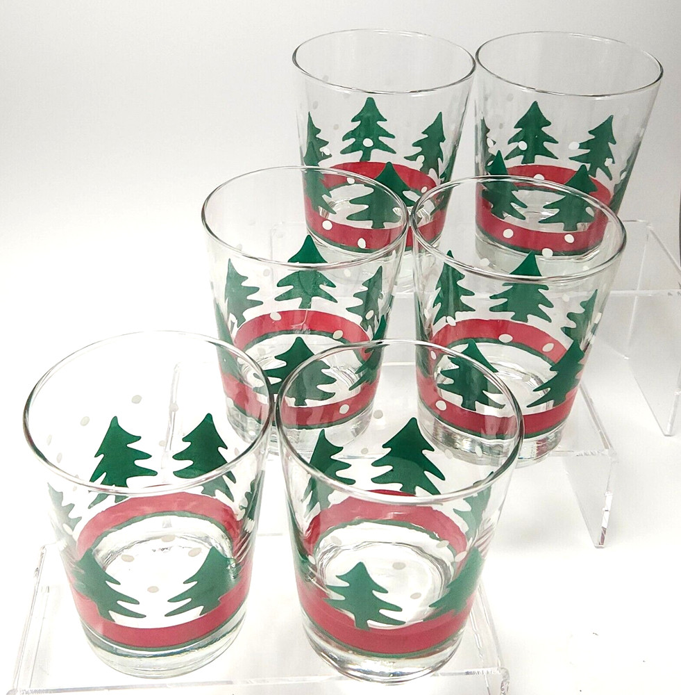 Libbey Christmas Double Old Fashioned Glasses 12oz Set of 6 Green Tree Red Band