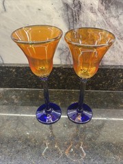 Glass Tulip Iridescent & Cobalt Blue Signed Rick Strini Wine Glasses