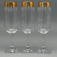 3 CELLINI BLOWN CRYSTAL CHAMPAGNE FLUTES GLASSES HAND DECORATED 24 KT GOLD ITALY