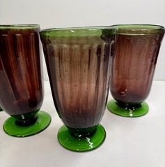 Set Of 4 Hand blown Purple Plum & Green Primitive Pedestal Bubble Glasses 5.75”
