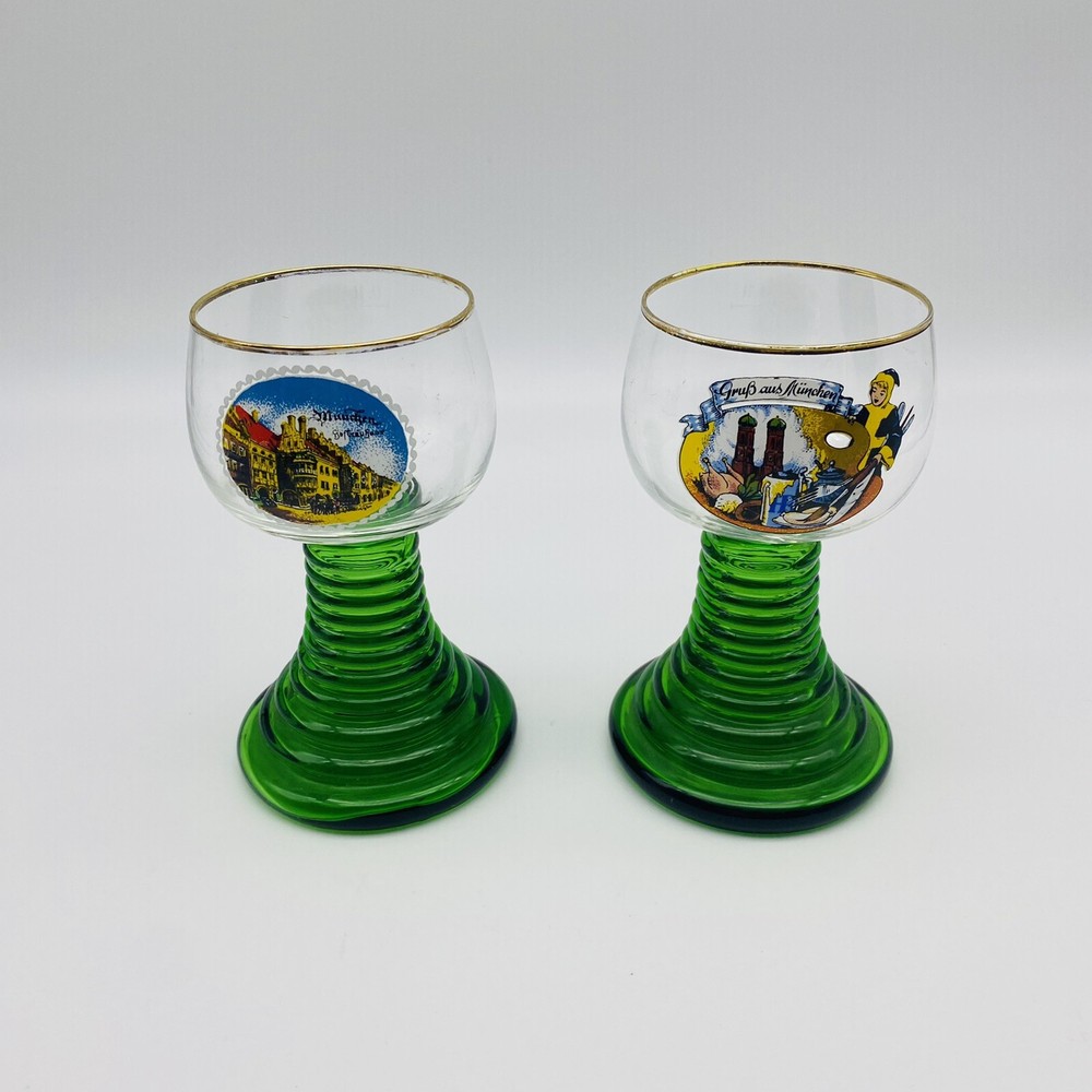 2 Luminarc France Wine Glass Green Stem Ribbed Coil Beehive Bergen Bryggen