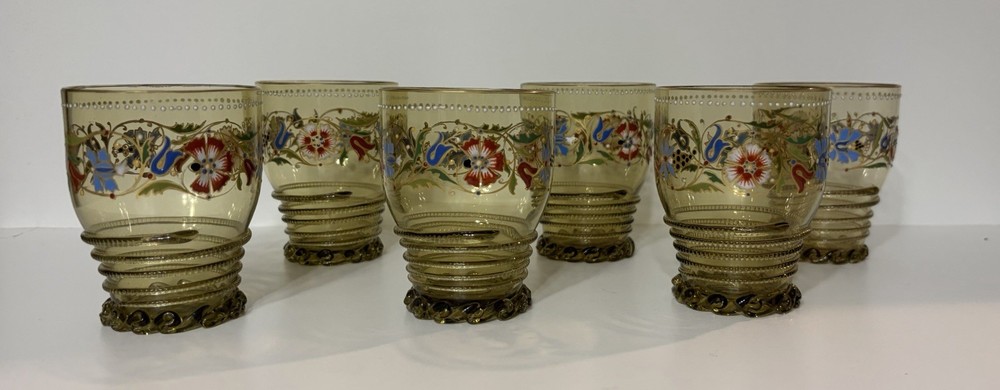 6 Moser Theresienthal Bohemian Art Glass Enameled Tumblers with Applied Snake