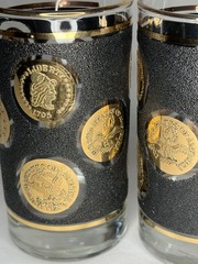 Lot Of 4 Vintage Libbey Gold Coins Tumblers Black & Gold MCM Highball Glasses 5”