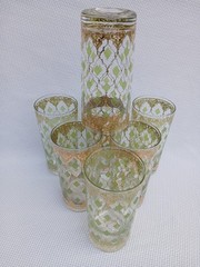 MCM 7pc Culver Valencia Highball Glasses 22K Gold Green Diamond Pattern