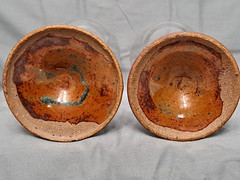 Pair Of Old Hand Thrown Drip Glaze Pottery Stem Crystal Wine Glasses Signed 6.5″