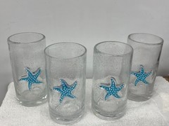 SHORELINE COLLECTION, SEED GLASS TUMBLERS, CLEAR WITH BLUE RAISED STARFISH – 4
