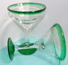 #10 Mexican Blown Glass Set of two Martini Cocktail Barware Green Rim Base