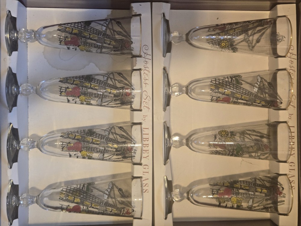1950s Libbey Glass Hostess Box Set of 8 Treasure Island Pirates Cocktail Glasses