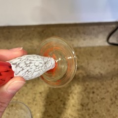 White & Coral Confetti Hand Blown Glass Champagne Glasses (2) Art Glass 9.25”