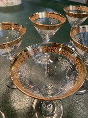 Cellini Crystal 24K Gold Trim Etched Glasses, set of 7.