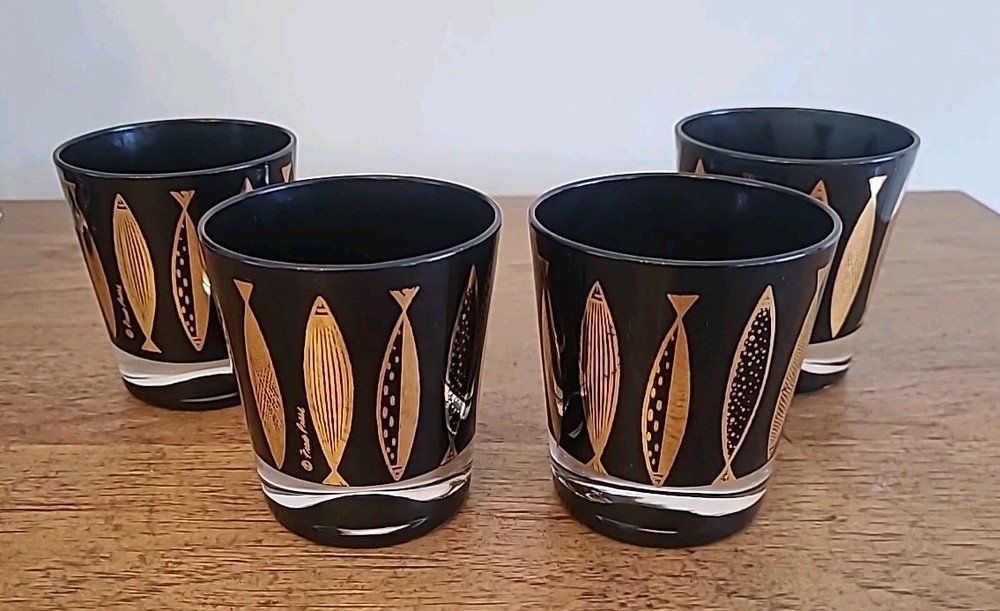 Vtg MCM Fred Press Black Gold Atomic Fish Rocks Whiskey Glasses Set 4 Signed