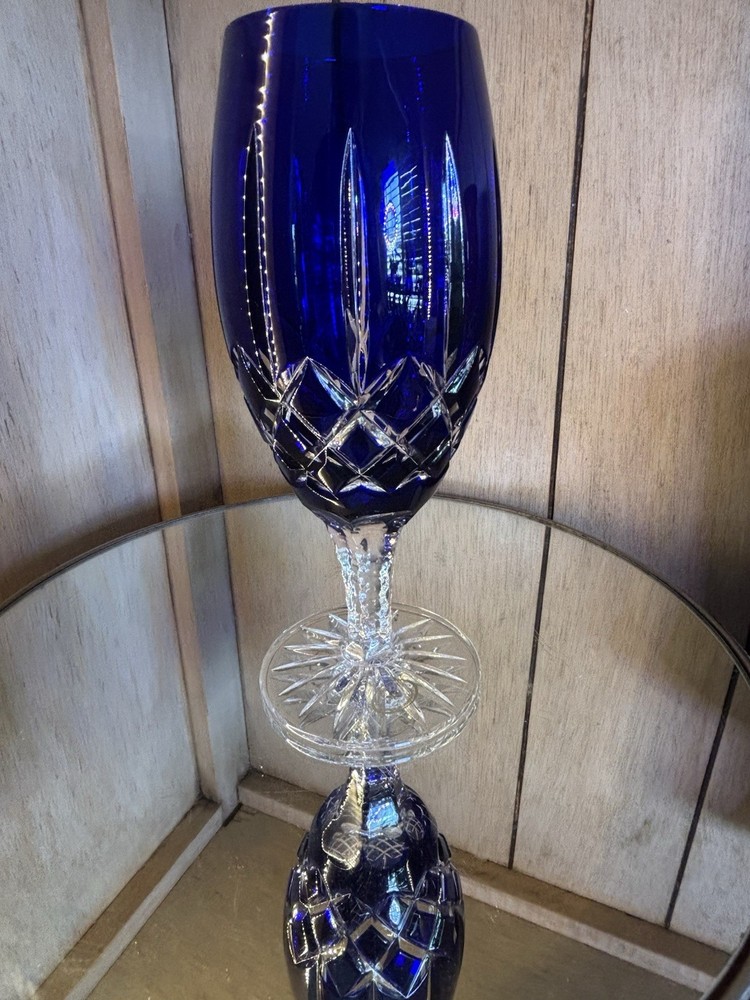 Ajka Arabella Cobalt Blue Cut To Clear Crystal Iced Tea Glasses Goblets 8”